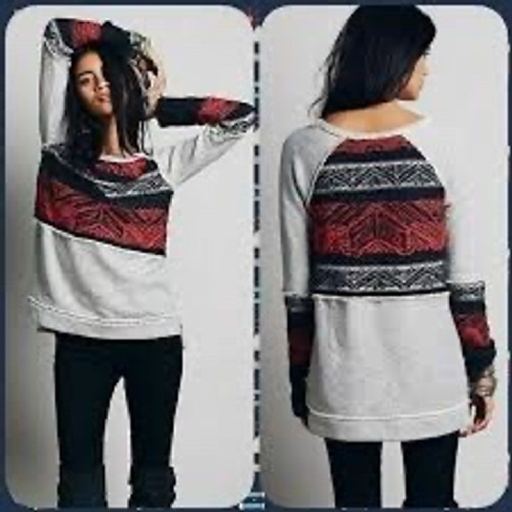 Free People Mixed Media‎ Knit Pullover Sweater Grey Red Black Geometric Large